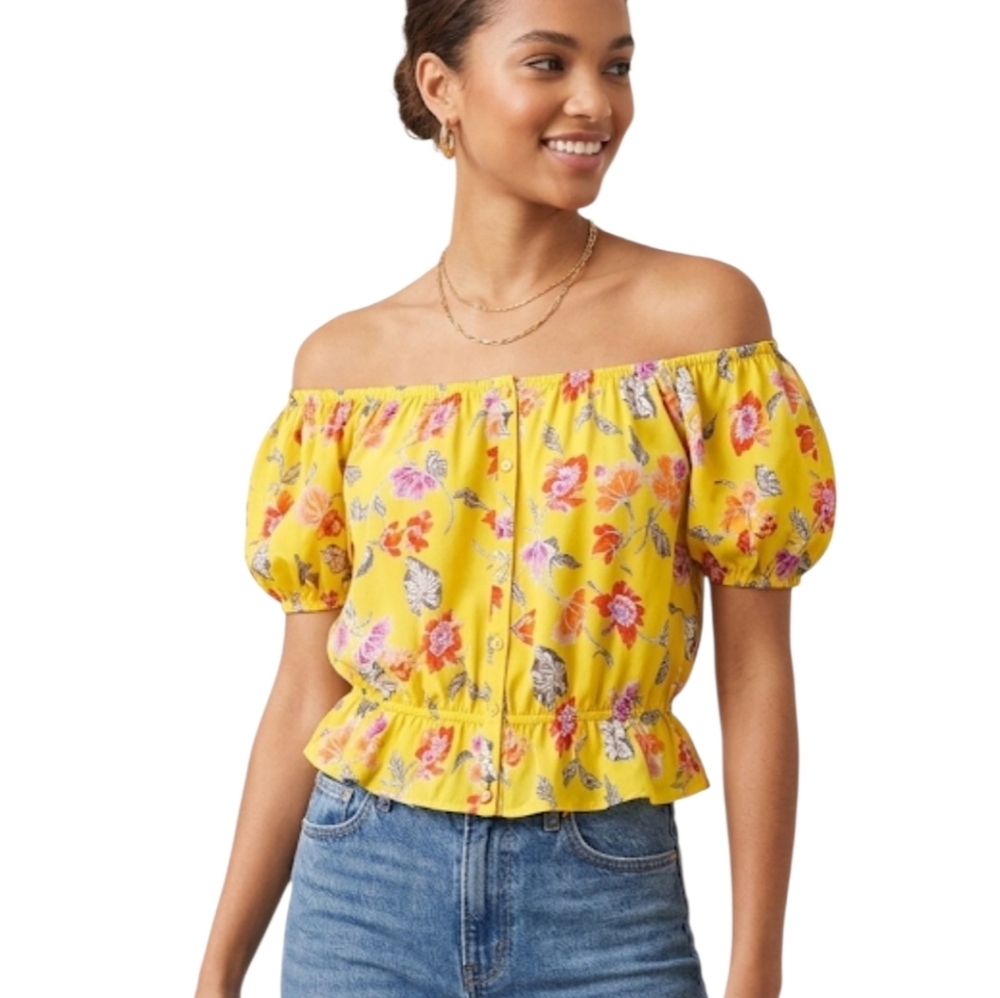 Joie Derfuta Yellow Floral Silk Off-the-Shoulder Blouse